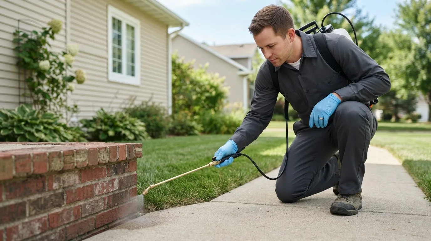 Pest control technician treating a home near Bomoseen, VT