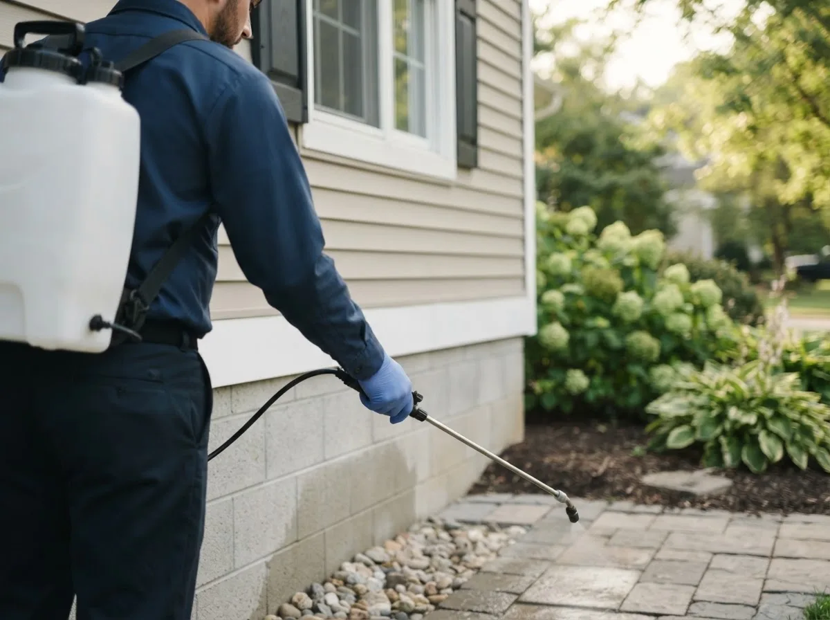 Pest control technician inspecting a home in Bomoseen, VT